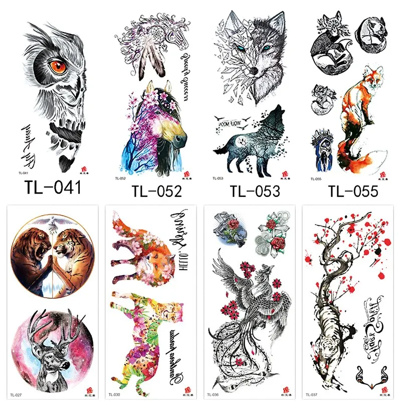 1~8 pieces of animal plants wolf bear bird art tattoo stickers disposable waterproof temporary tattoo stickers for men and women