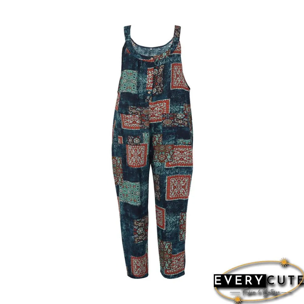 Women Summer Baggy Retro Jumpsuit Vintage Printed Loose Casual Sleeveless Overall Long Romper Playsuit Trousers Pants