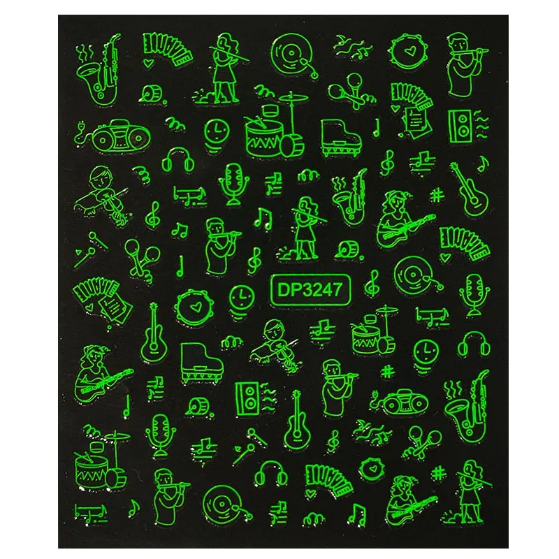 Fluorescence Halloween Skull Bone Nail Sticker Foils Musical Instrument Note Nail Art Sliders Manicures DIY Tips Decoration