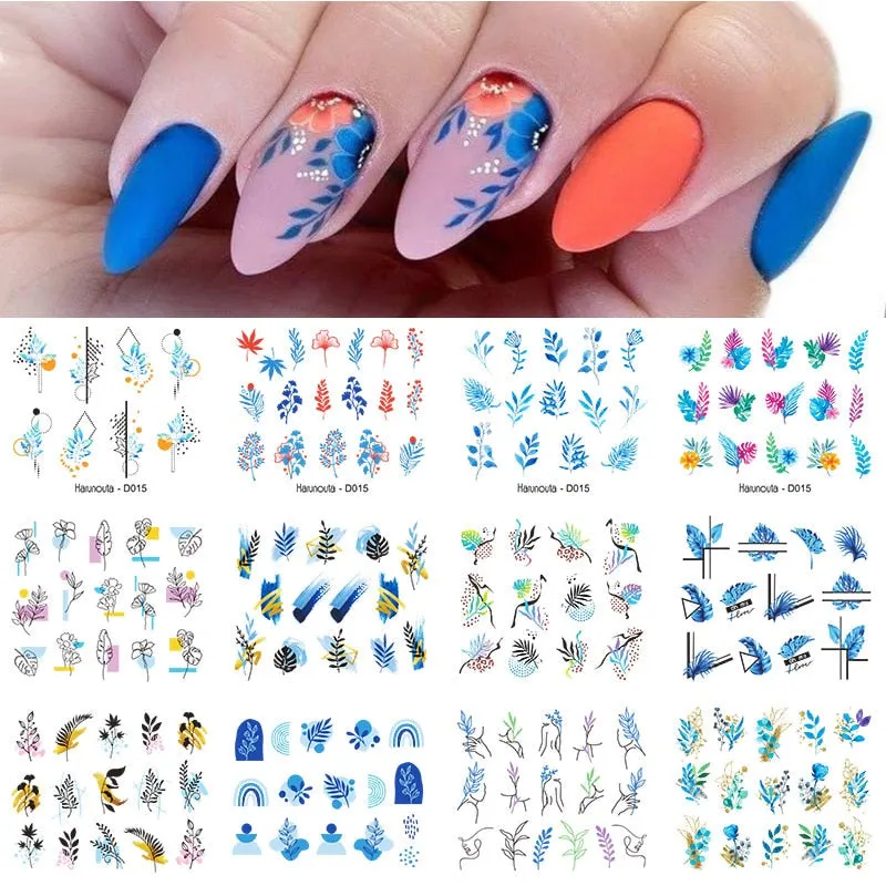 12pcs Geometric Lines Nail Sliders Water Sticker Set Flowers Leaves Design Watercolor Ink DIY Manicures Nail Art Decals Foil