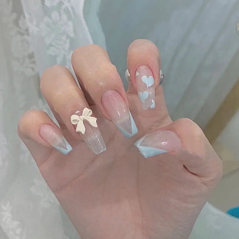 24pcs Butterfly Nail Patch Glue Type Removable Long Paragraph Fashion Manicure Wearable False Nails Patch With Glue Fake Nails-Nail Inspo