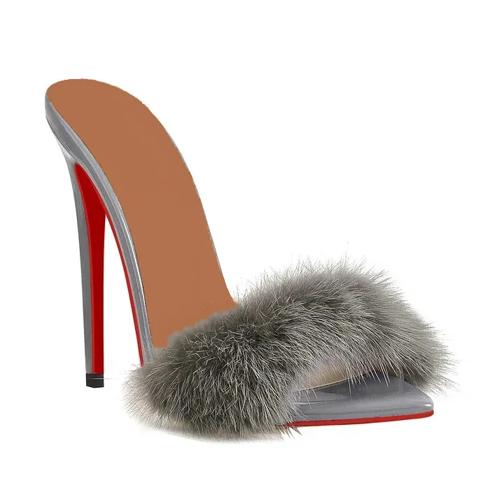 120mm Women's Fur Fluffy Mules Slip On High Heels Red Bottom Sandals VOCOSI VOCOSI