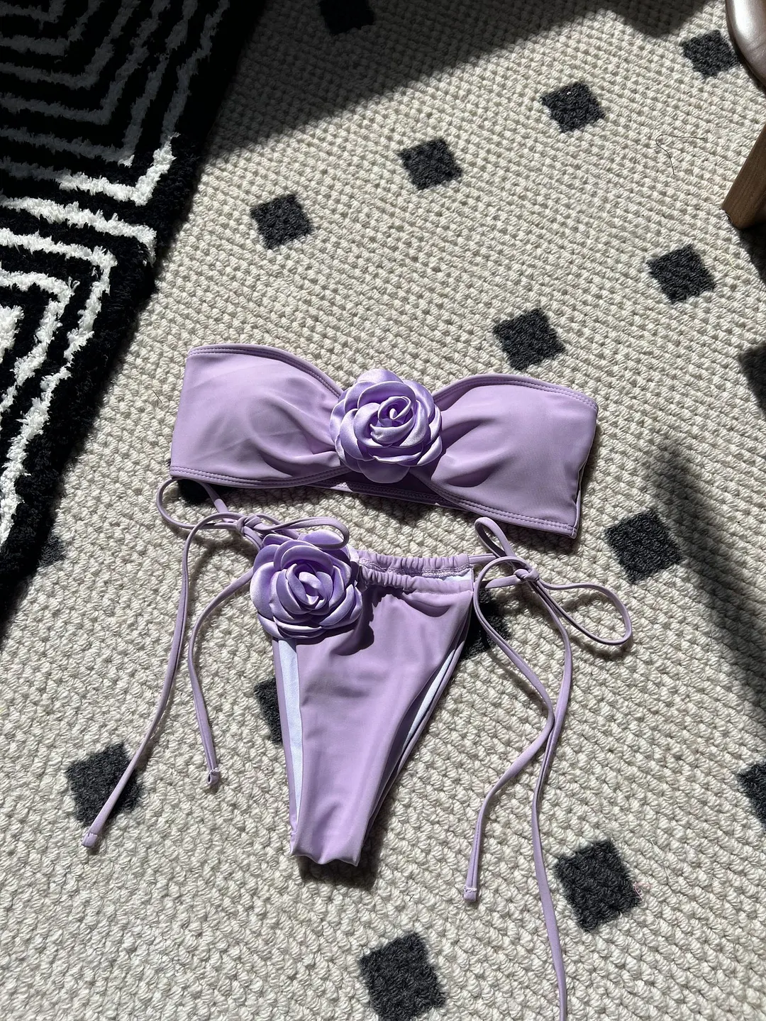 Uveng 2024 New Solid-Colored Rose Breast Drawstring Strap Split Swimsuit Bikini9150