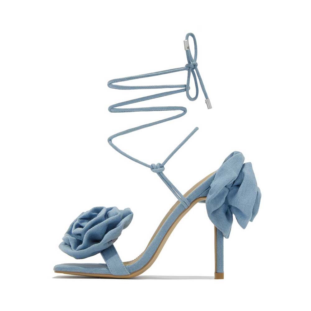 Blue Denim Square Toe Floral Heels Women's Stiletto Lace Up Sandals
