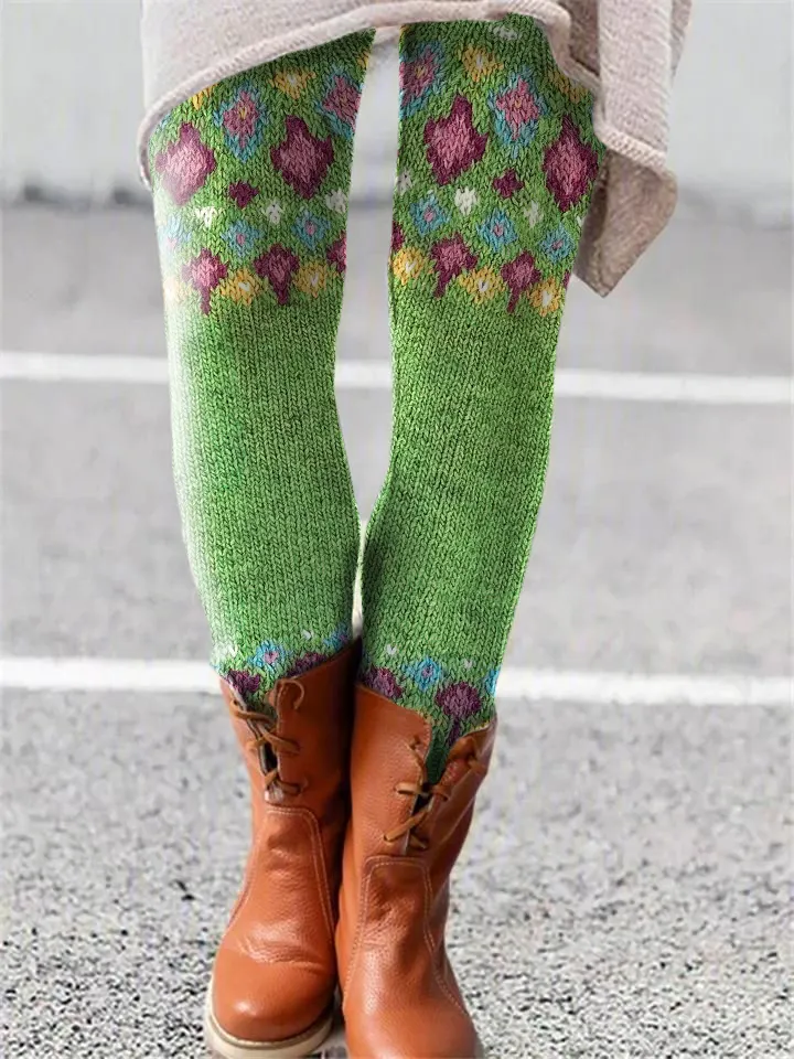Contrast Diamond Knit Pattern Printed Leggings
