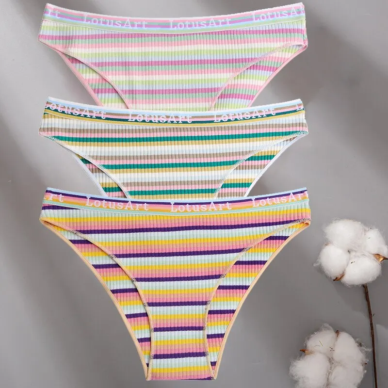 Billionm Women Cotton Colorful Stripe Panties Sexy Intimate Underwear Female Soft Solid Briefs Low Waist Underpant Soft Lingerie