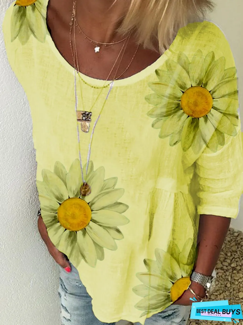 Floral Crew Neck Loose Cotton-Blend Tunic Sweatshirt