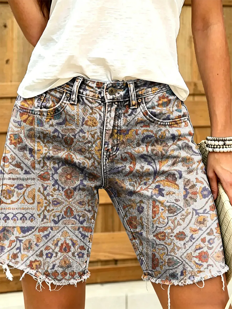 Ethnicity Geometry Totem Women's Art Print Casual Denim Shorts
