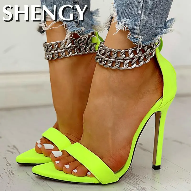 New Women Office Pumps Metal Decoration Chain Buckled Open Toe Thin Heels Sandals  Leopard Chain Buckled Fashion Stylish Shoes