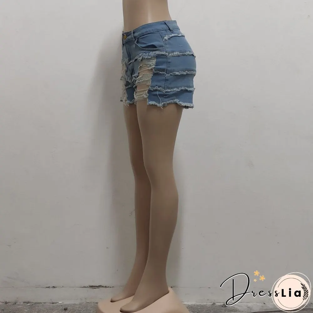 Summer Sexy Patchwork Women Ripped High Waist Holes Stretch Streetwear Plus Size Denim Shorts