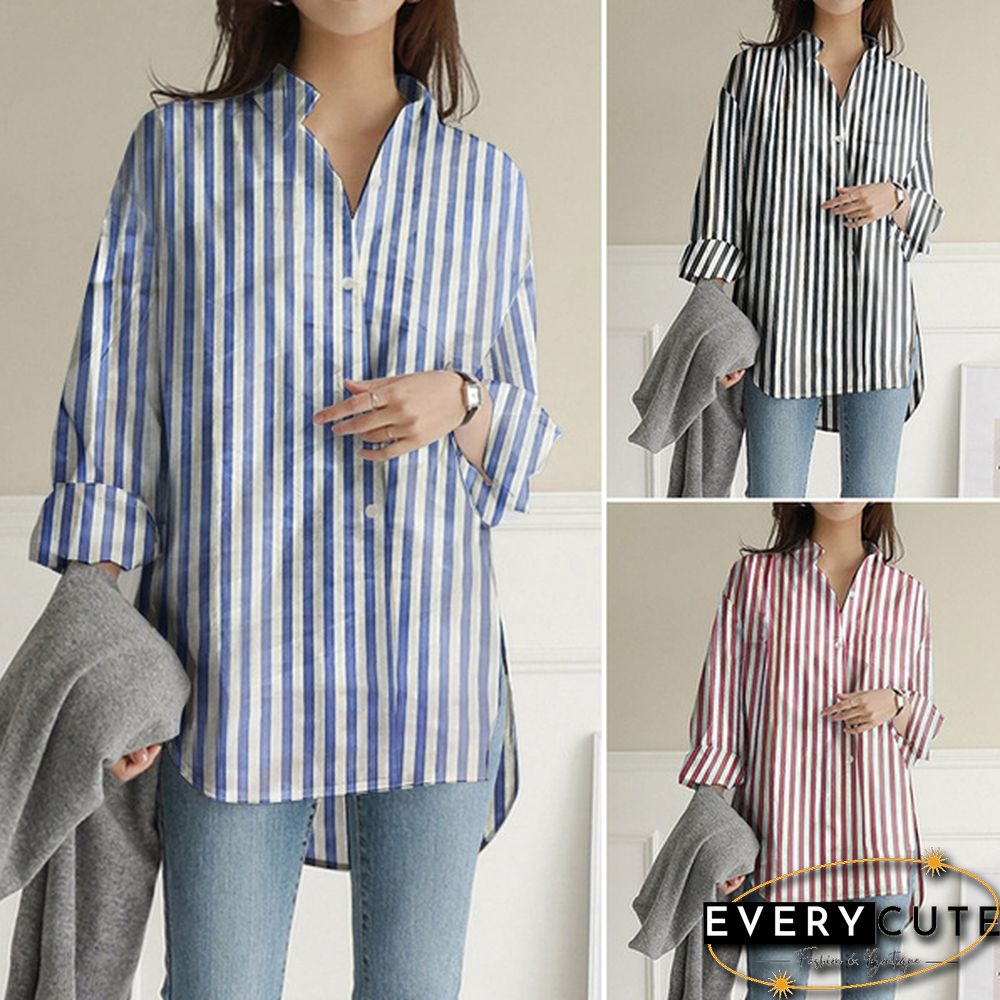 Womens Turn Down Collar T-Shirt Full Sleeve Front Pockets Loose Shirt Button Striped Print Tops S-5XL