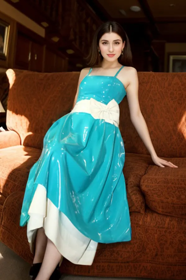 Women Latex Dress Blue Oversized Bow