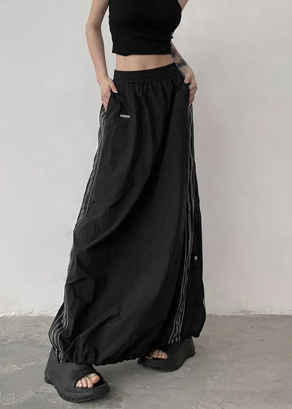 Casual Black Pockets Elastic Waist Patchwork Cotton Maxi Skirts Fall