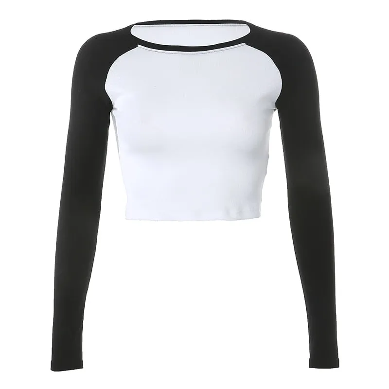 HEYounGIRL Casual Patchwork Long Sleeve Crop Top T Shirt Fashion Basic Cotton Tshirt Women Fashion Slim Korean Tee Shirt Femme