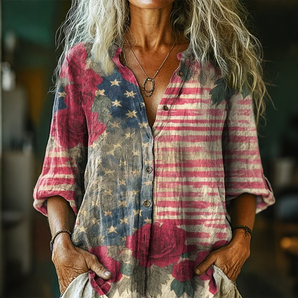 Comstylish Women's Vintage Flag Floral Art Print Casual Cotton Linen Shirt