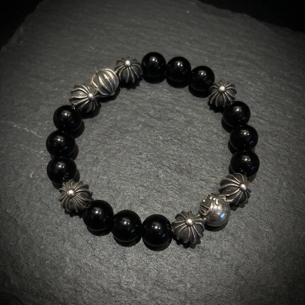 JiStones Midnight Gothic Obsidian & S925 Sterling Silver Bracelet Obsidian & Gothic Silver (8-Bead Edition)-22cm