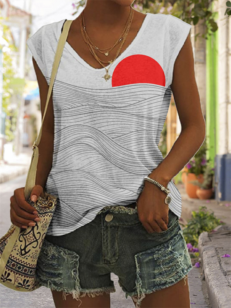 Vintage Japanese Waves & Sun Art V Neck Tank Top