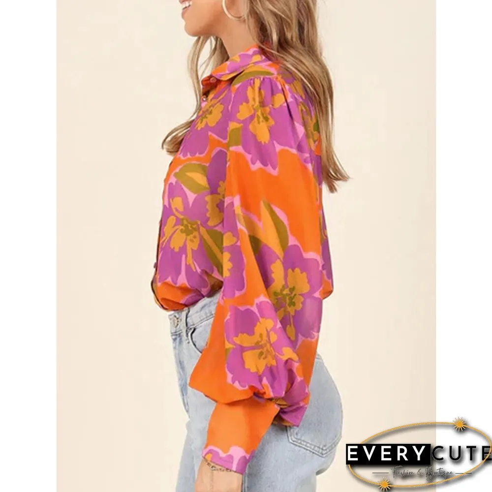 Orange Floral Chiffon Lantern Long Sleeve Blouse