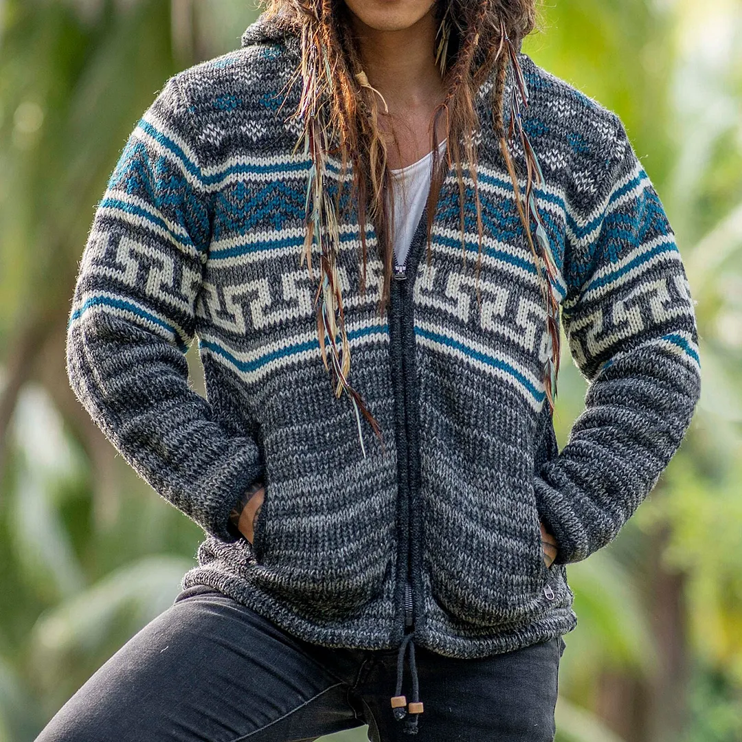 Mens Vintage Fair Isle Knitted Hooded Cardigan