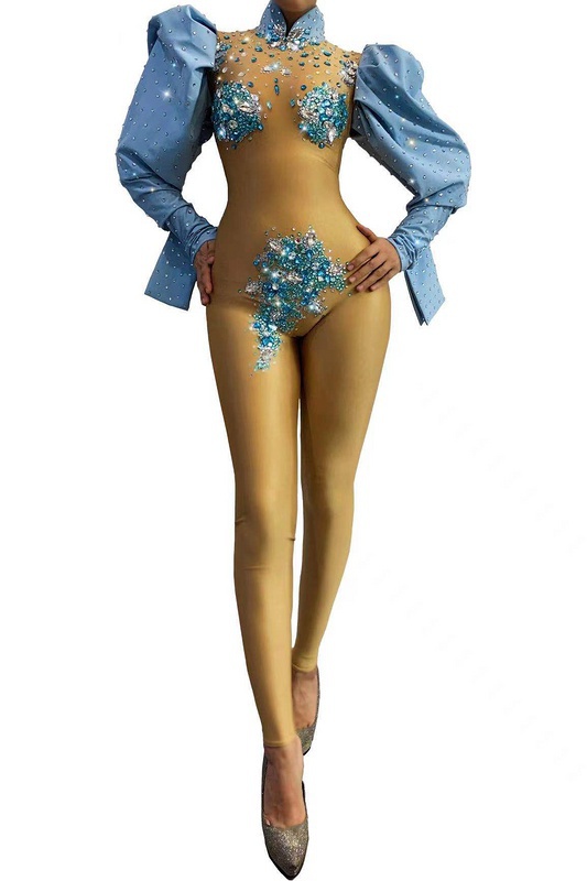 GOOSHOE Crystal Jumpsuit Puffy Sleeve Rhinestone Custom Bodysuit Costume