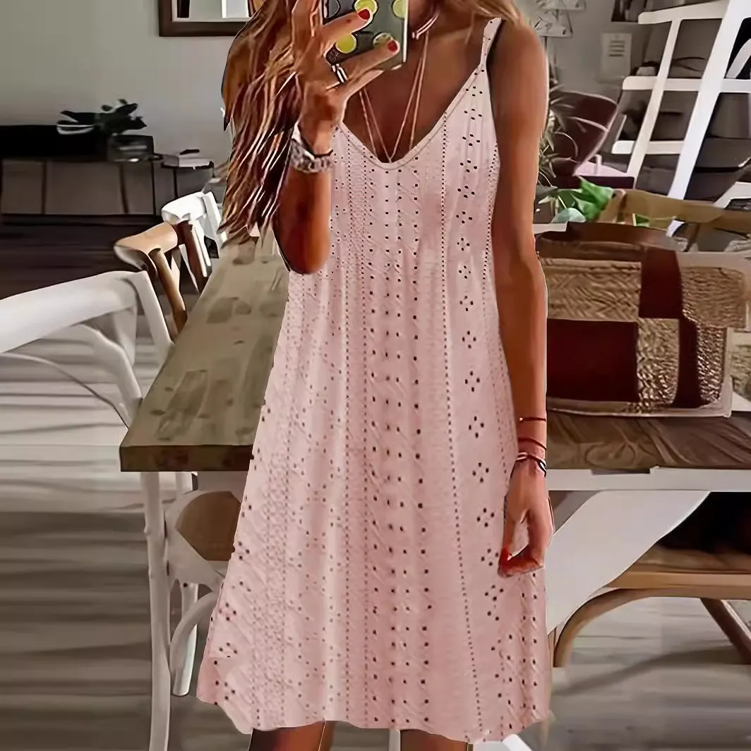 Churchf Churchf Women's Summer New Hollow Jacquard V-Collar Sling Solid Color Dress
