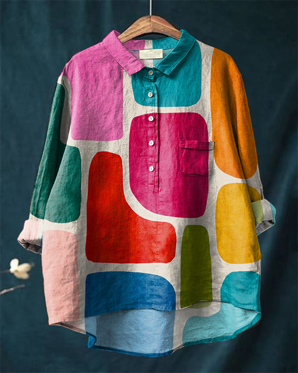 Vintage Colorful Abstract Art Print Cotton and Linen Shirt