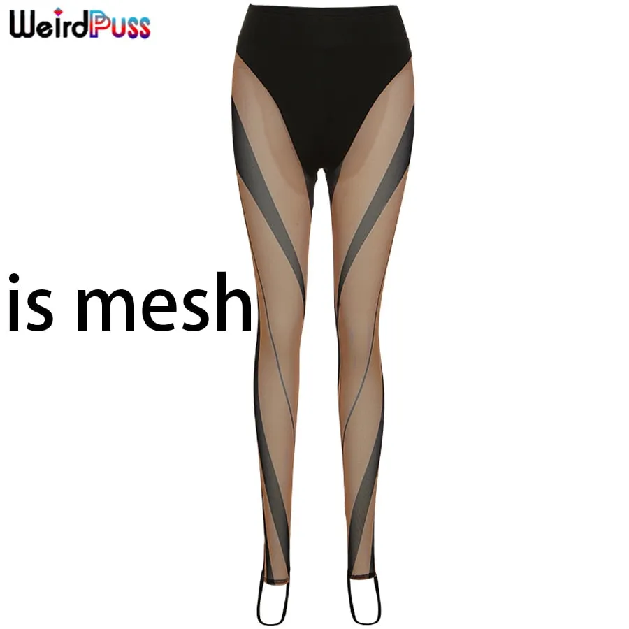 Weird Puss Patchwork Mesh Pants Women Sexy 2021 Summer Striped Irregular Skinny Stretchy Body-Shaping Fitness Leggings Trousers