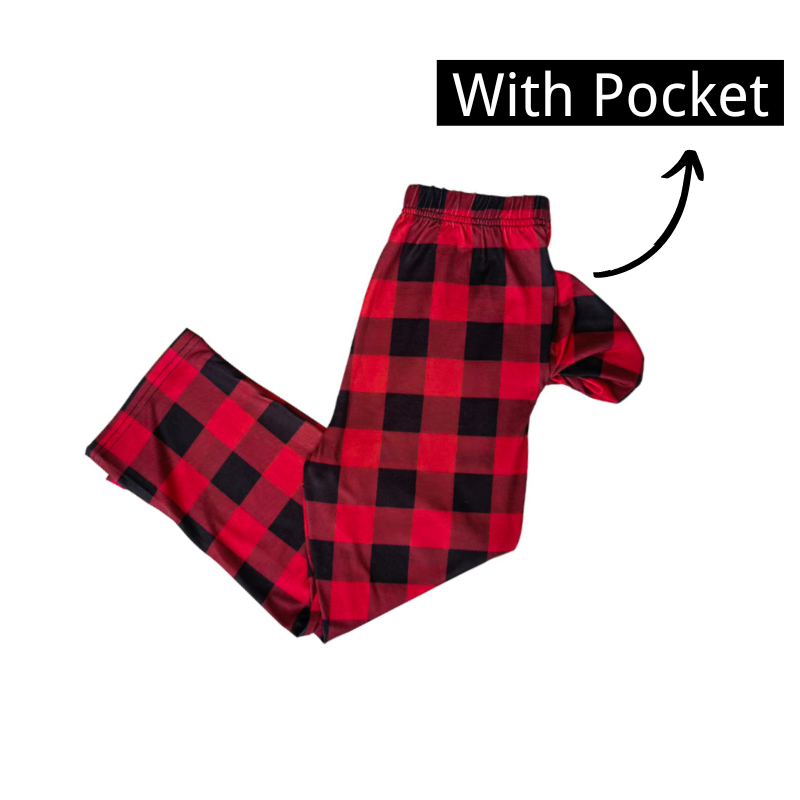 Christmas Pattern and "2024 Family Christmas" Text Print Black & Red Plaid Christmas Matching Pajamas