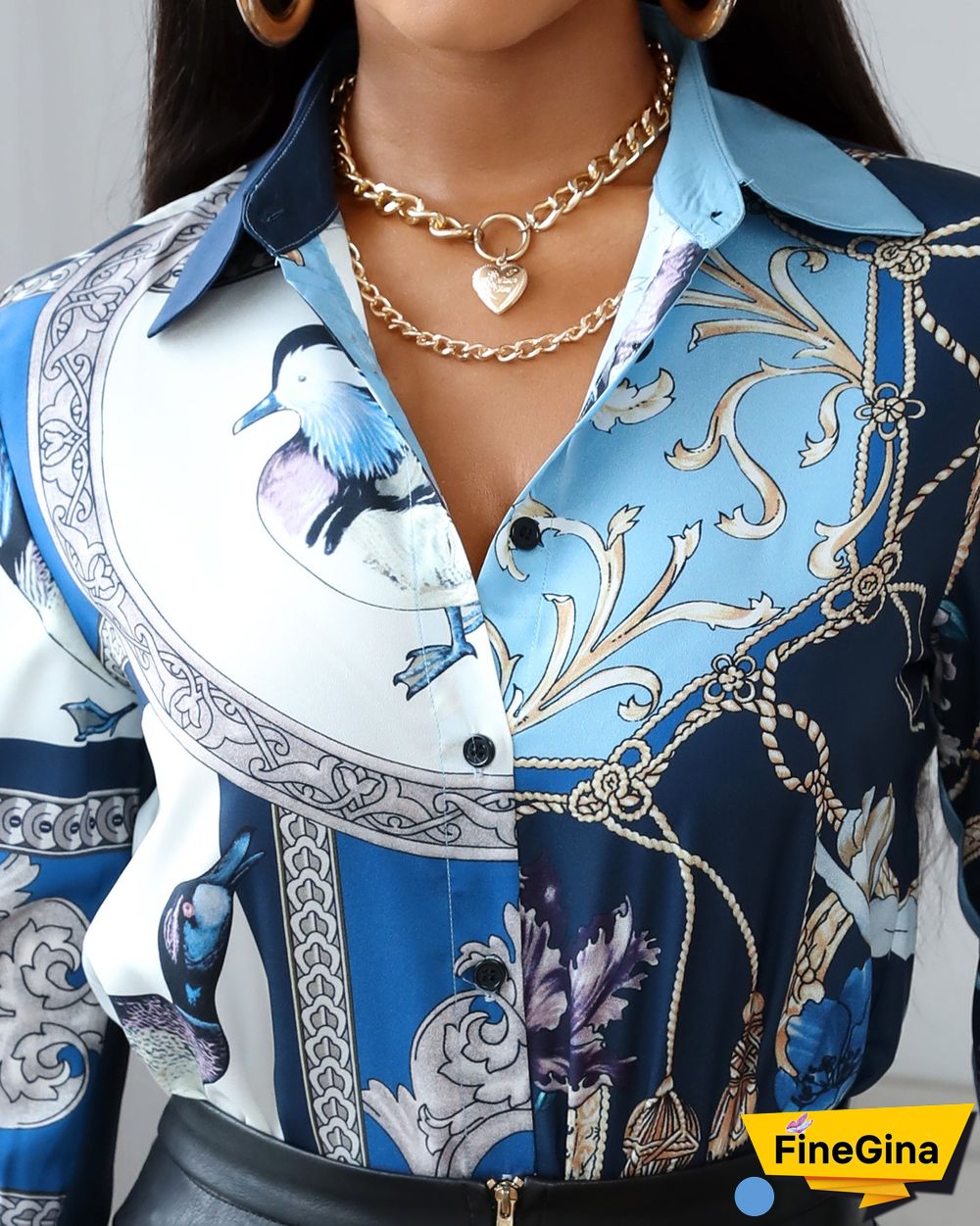 Bird Scarf Print Long Sleeve Shirt