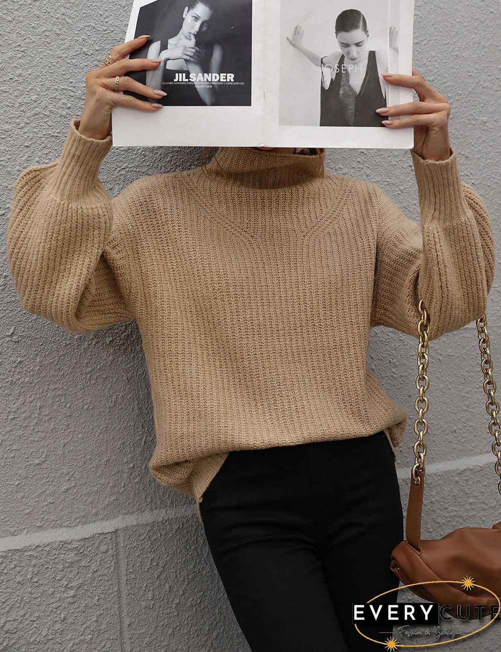 Khaki Solid Loose Style Turtleneck Sweater