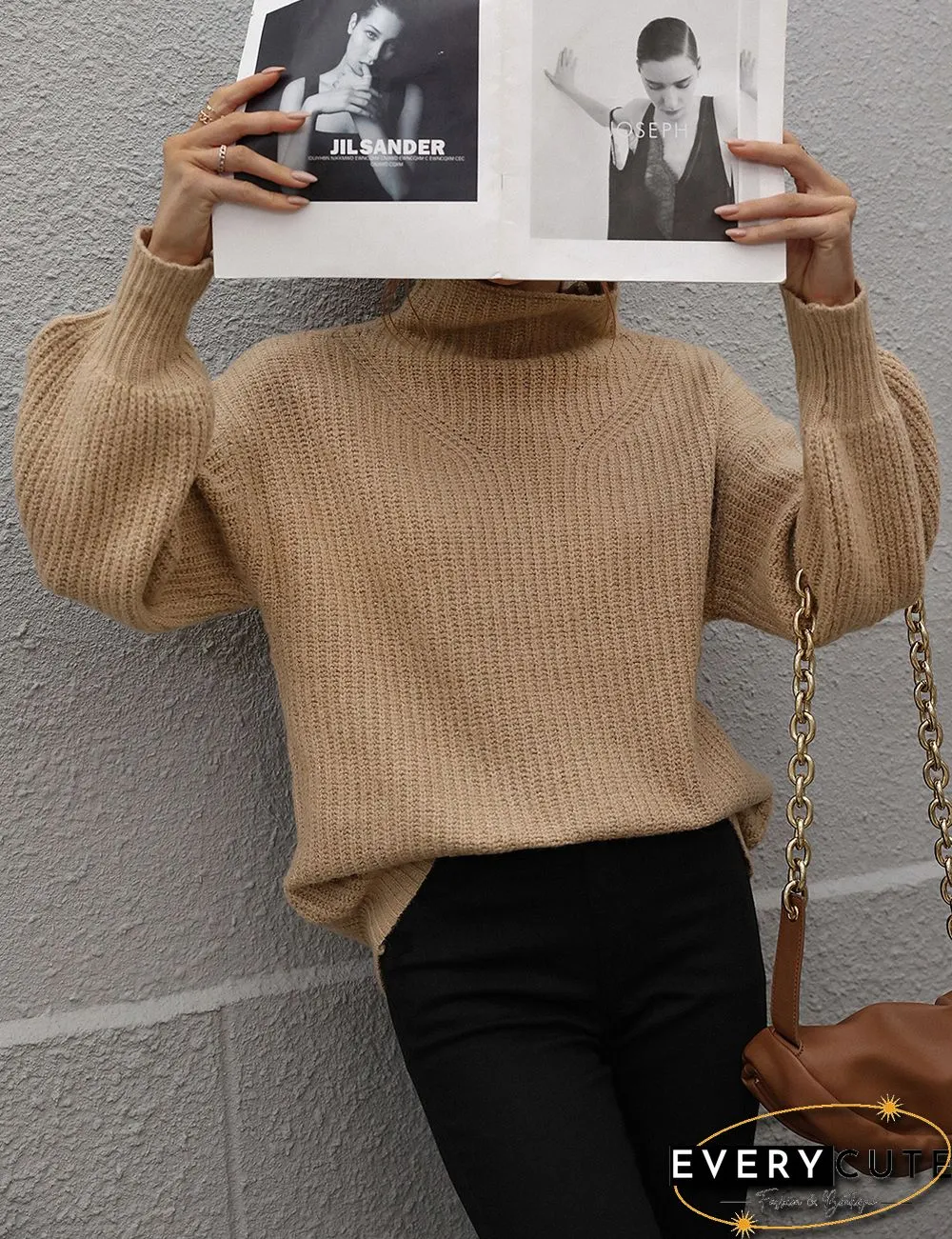 Khaki Solid Loose Style Turtleneck Sweater