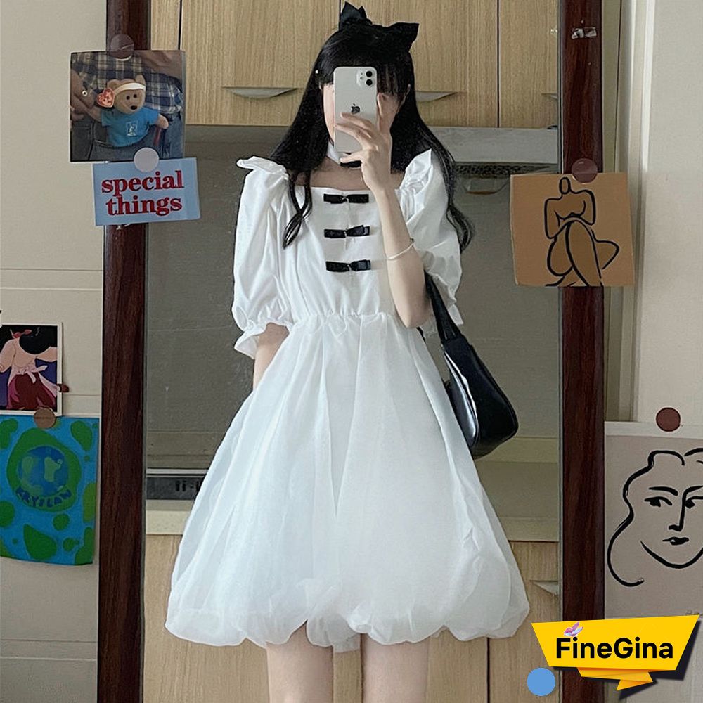 Fashion Lolita Style White Dress Women Summer Japanese Puff Sleeve Elegant Vestidos Vintage Square Collar A-Line Mini Dress New