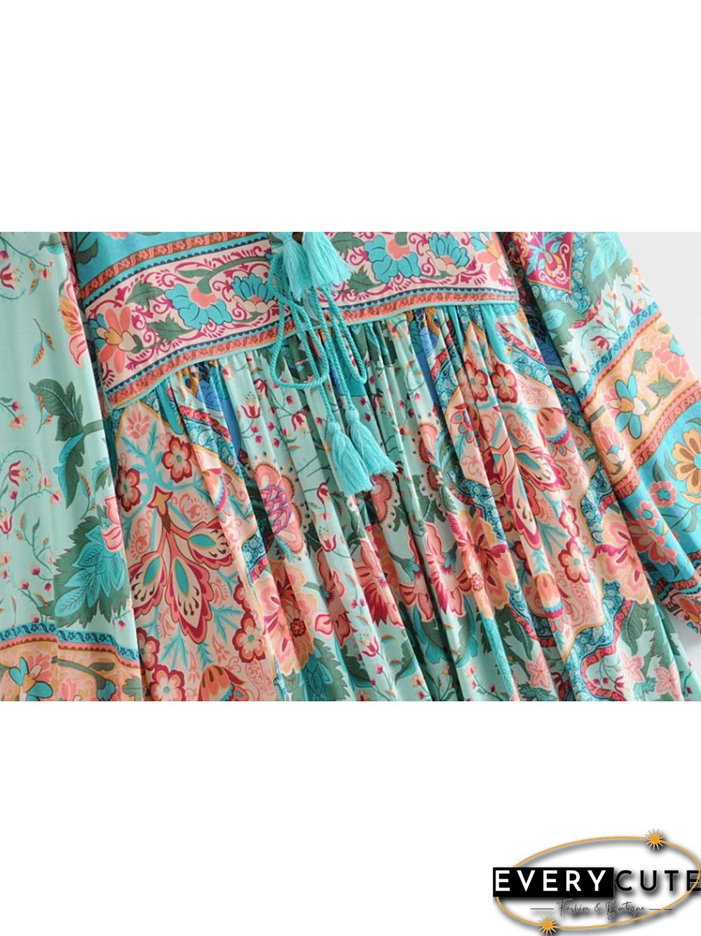 Vintage Chic Fashion Women Long Sleeve Tassel Red Floral Print Beach Bohemian Maxi Dresses Ladies Cotton Pleated Boho Dress Robe