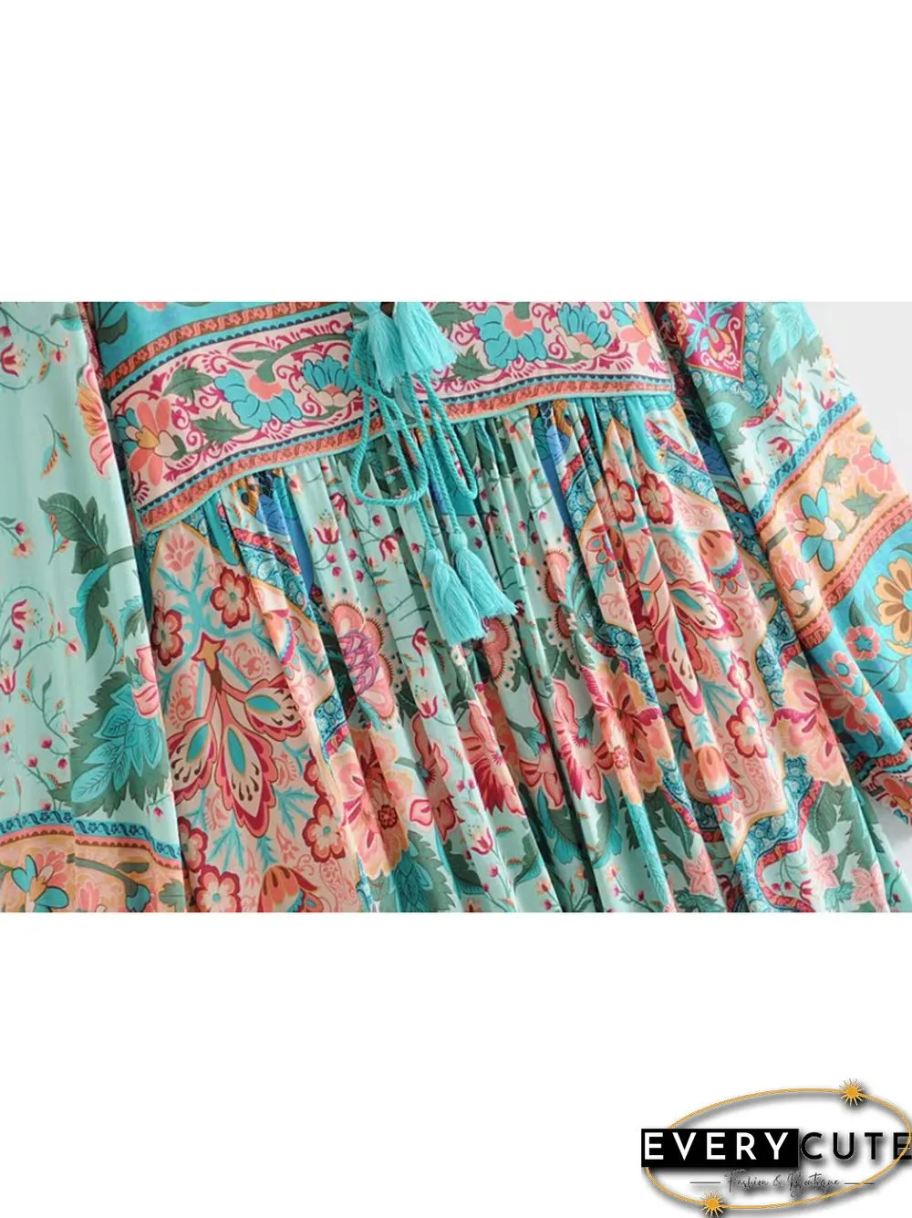 Vintage Chic Fashion Women Long Sleeve Tassel Red Floral Print Beach Bohemian Maxi Dresses Ladies Cotton Pleated Boho Dress Robe