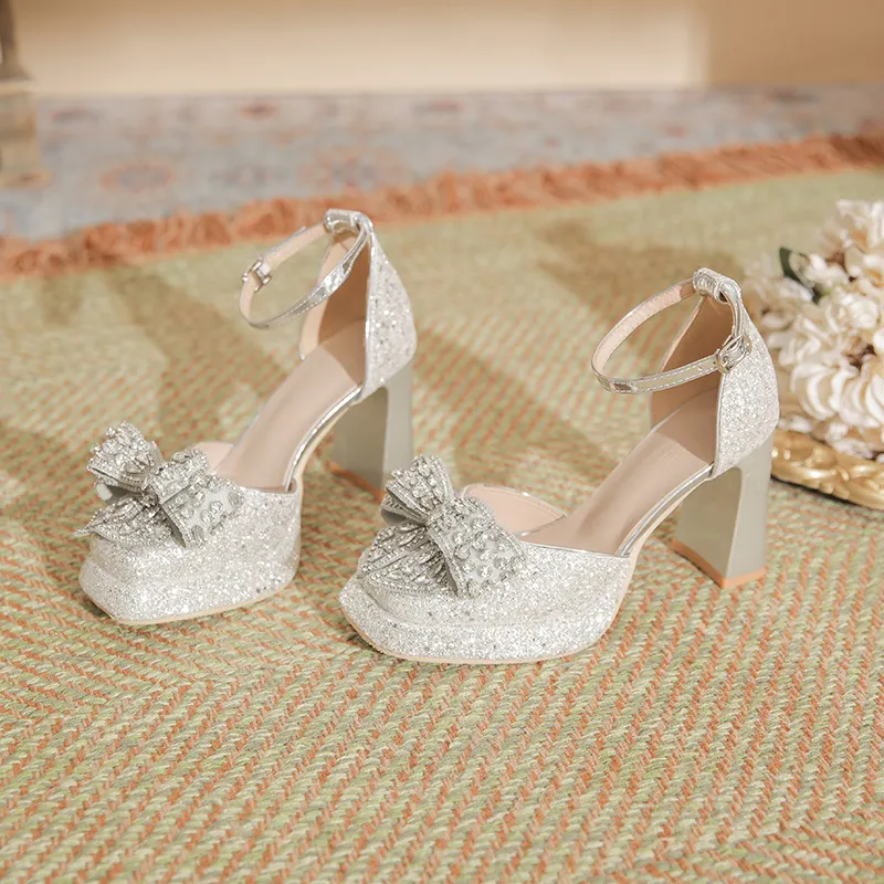 Churchf Churchf Waterproof Platform Thick With A Word Button Mary Jane High Heels Sequins Hollow Wedding Shoes Bridesmaid Shoes Single Shoes Women