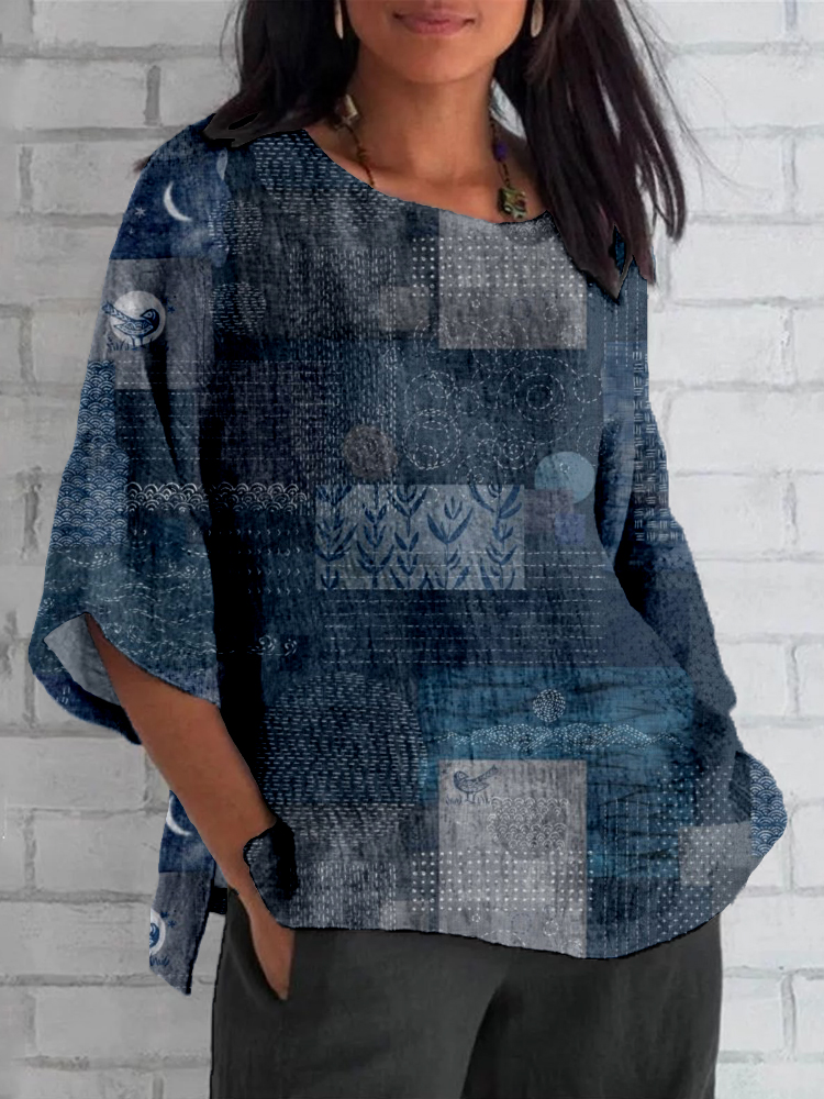 Japanese Traditional Sashiko Art Linen Blend Comfy Tunic