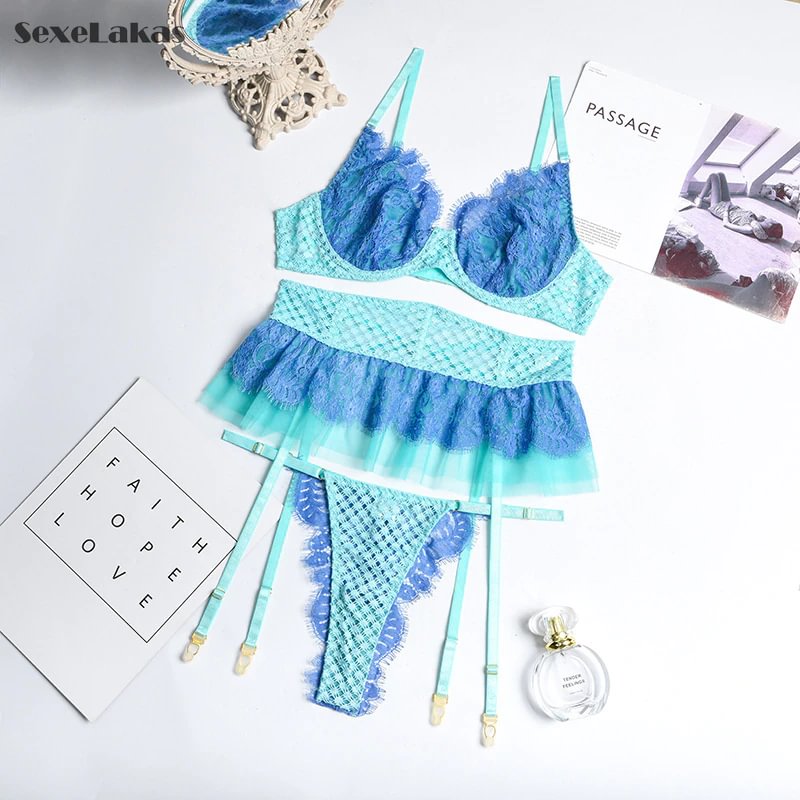 Billionm Sexy Lingerie Women Intimates Lace Underwear Set Push Up Bra Fish Net Nightwear Mesh Sheer See Through Sets Patchwork Color