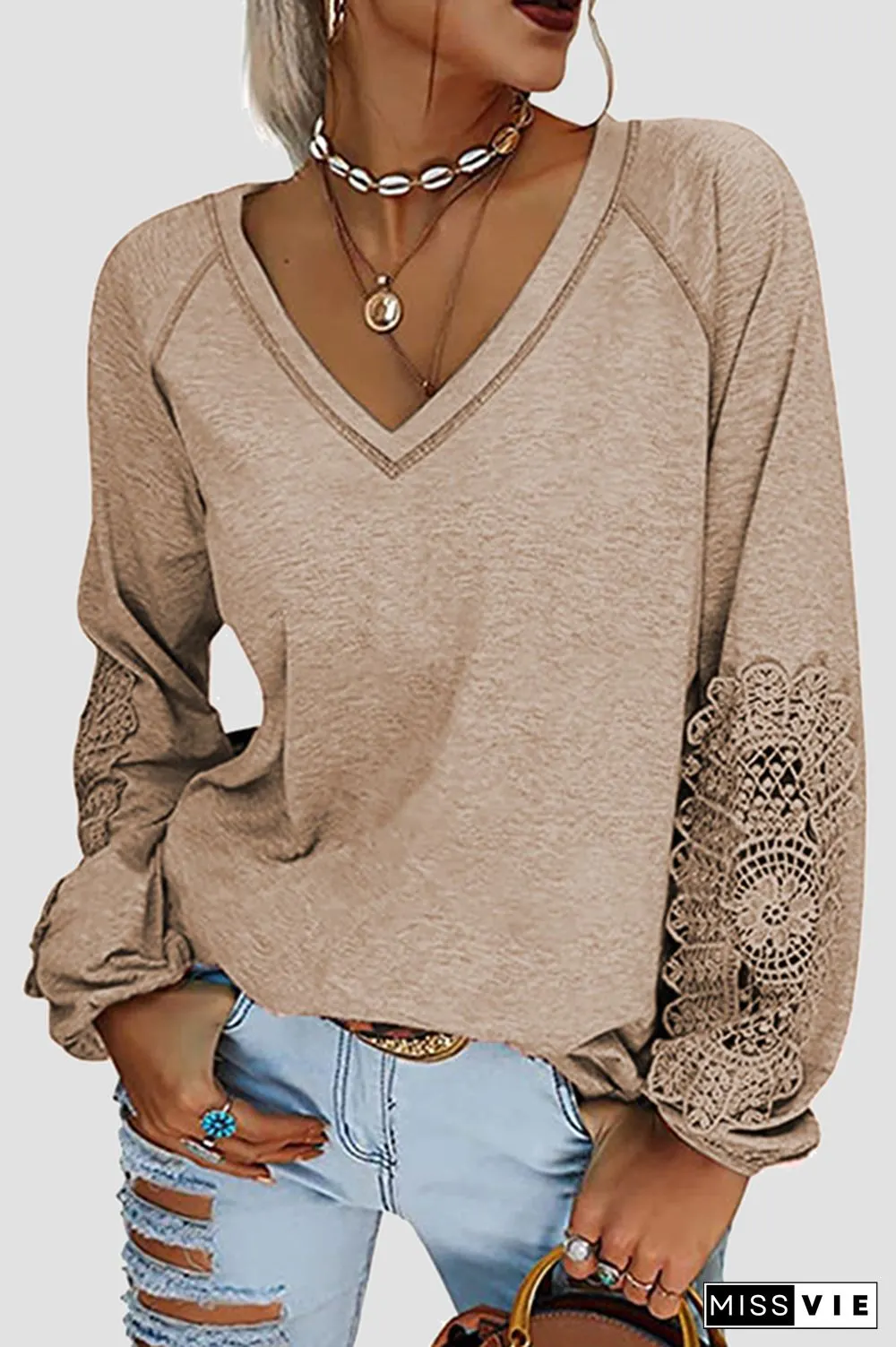 Casual Solid Lace Split Joint V Neck T-Shirts