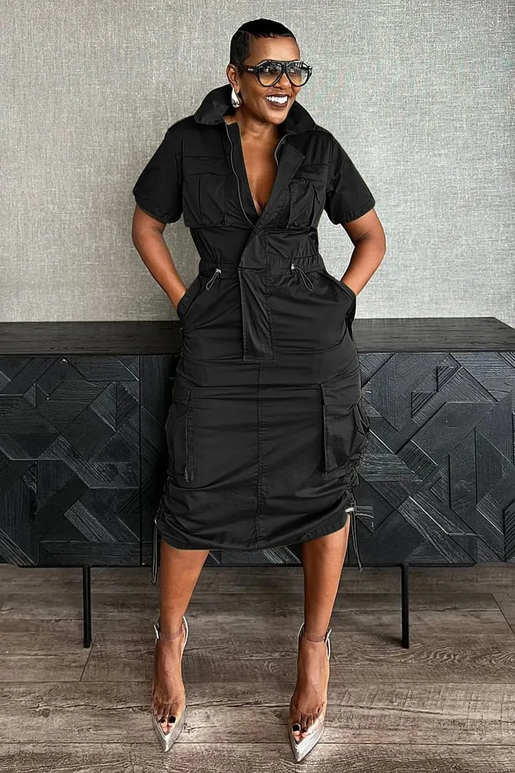 knee length dresses for ladies Dark Khaki Round Neck Belted Bodycon Cargo Midi Dress – AX Paris main image 1