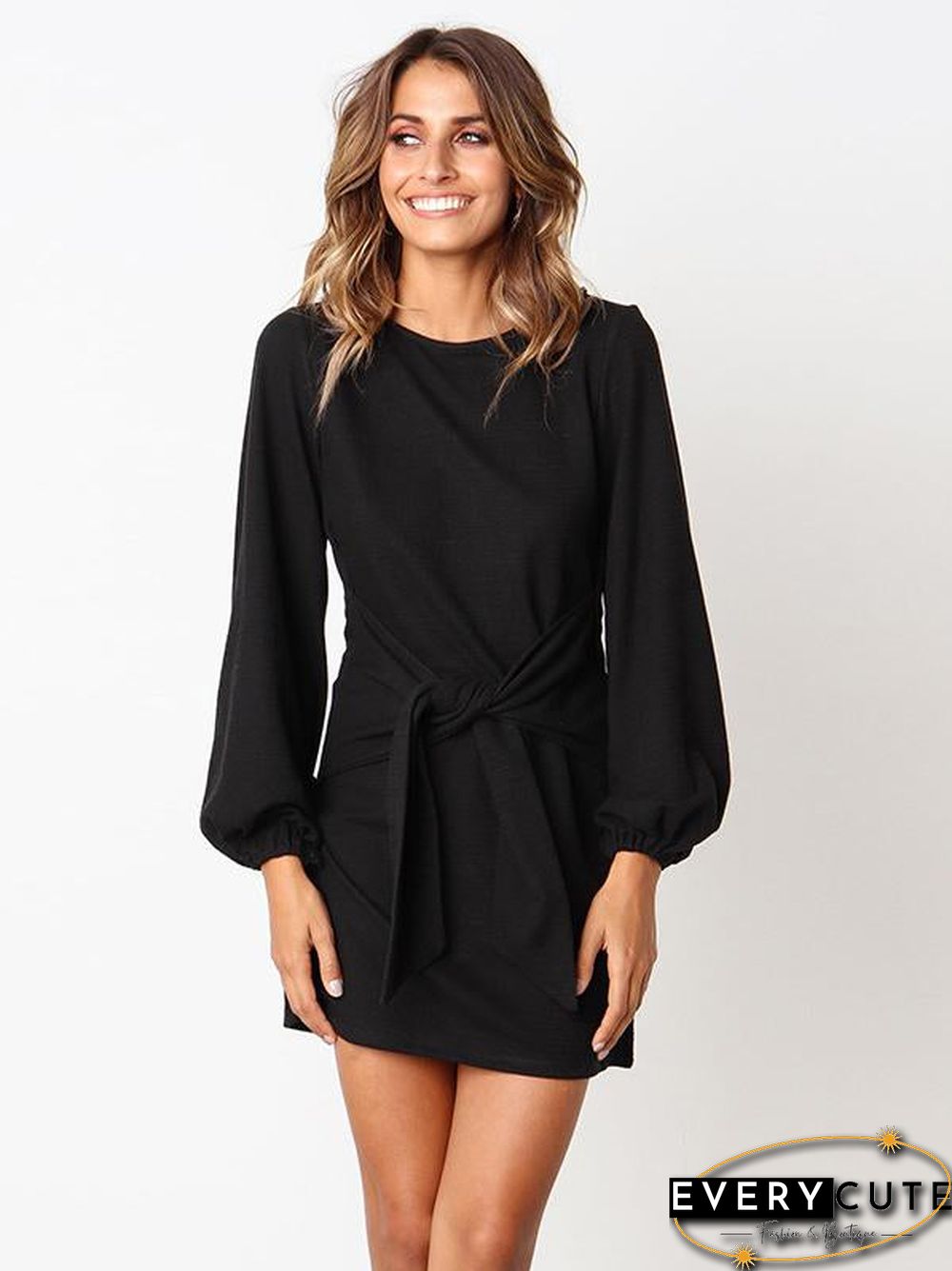 Long Sleeves Round Neck Waist Wrap Mini Dress
