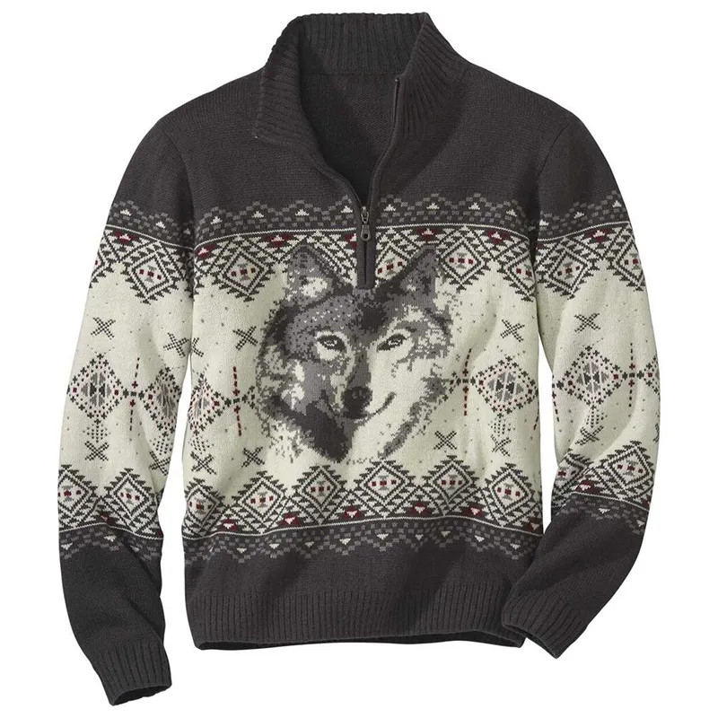 Vintage Wolf Knit Jacquard Icelandic Half Zip Collar Sweater
