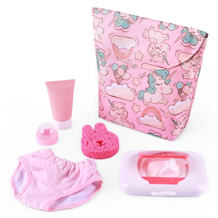17"-22" Reborn Baby Pink Unicorn Tote Diaper Bag Combo Set