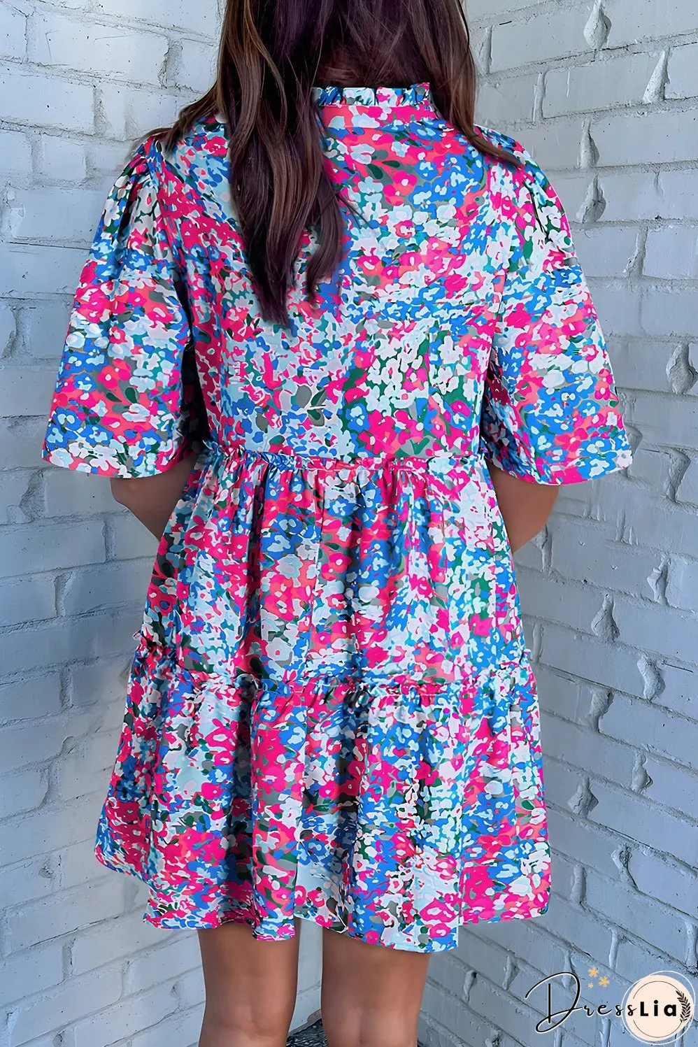 Multicolour Floral Short Sleeve V Neck Tiered Mini Dress