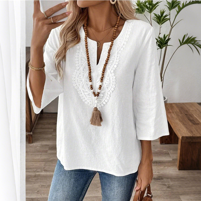 Elegant Lace-trimmed Comfortable V-neck Shirt elevenforest