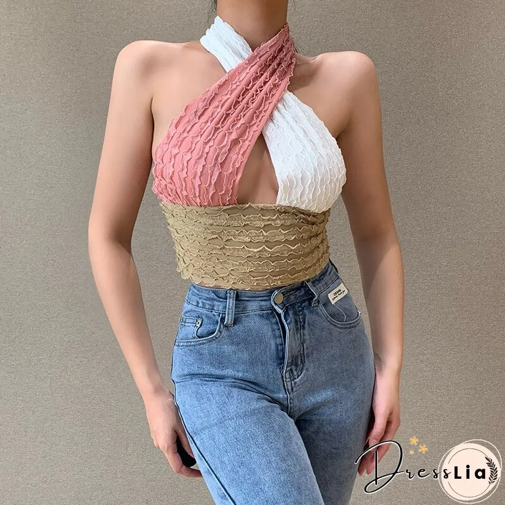 Patchwork Hollow Out Knit Crop Top Women Halter Neck Summer Sleeveless Backless Sexy Off Shoulder Party Tank Tops
