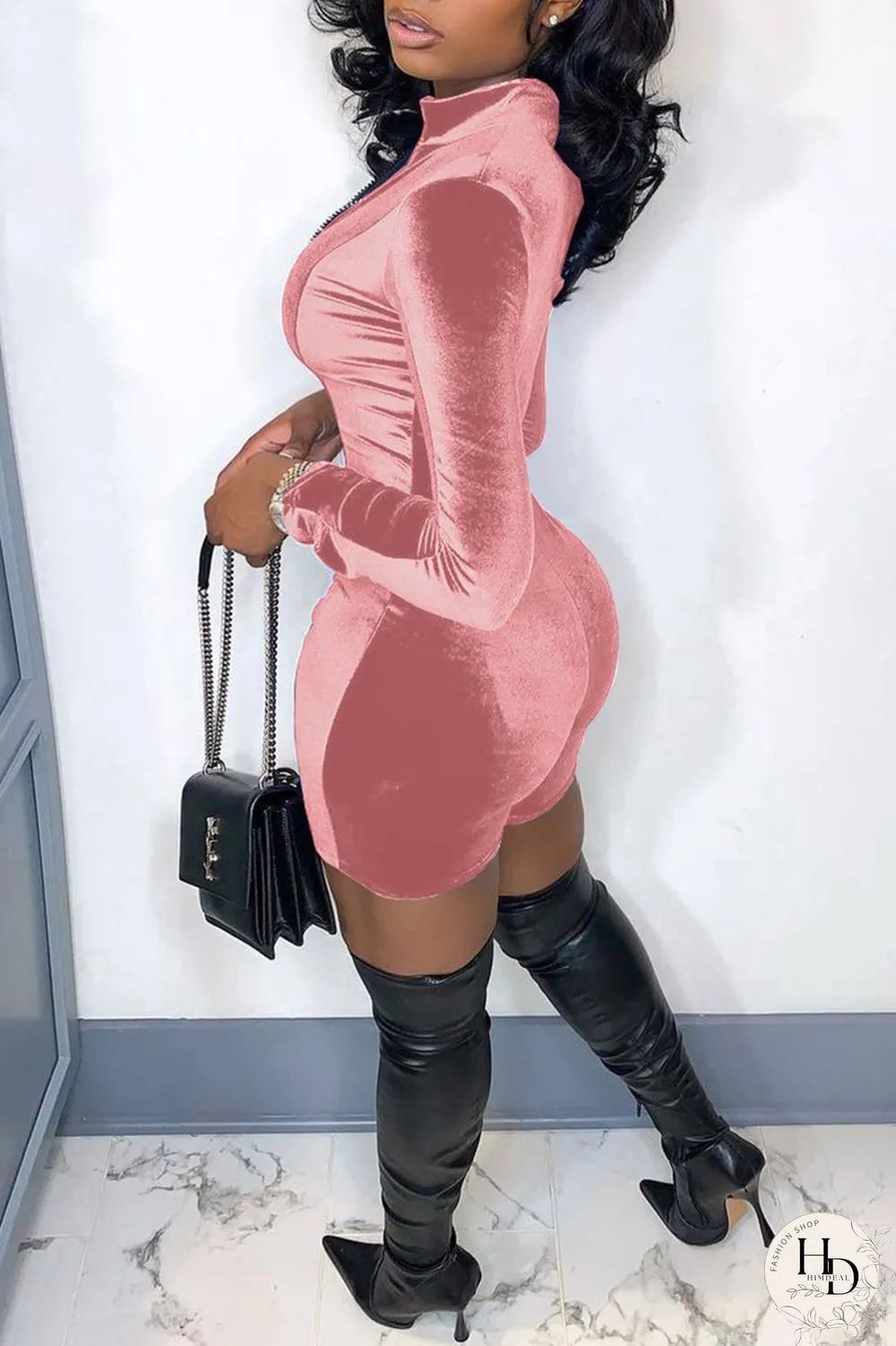 Pink Fashion Casual Solid Patchwork Zipper Collar Skinny Romper