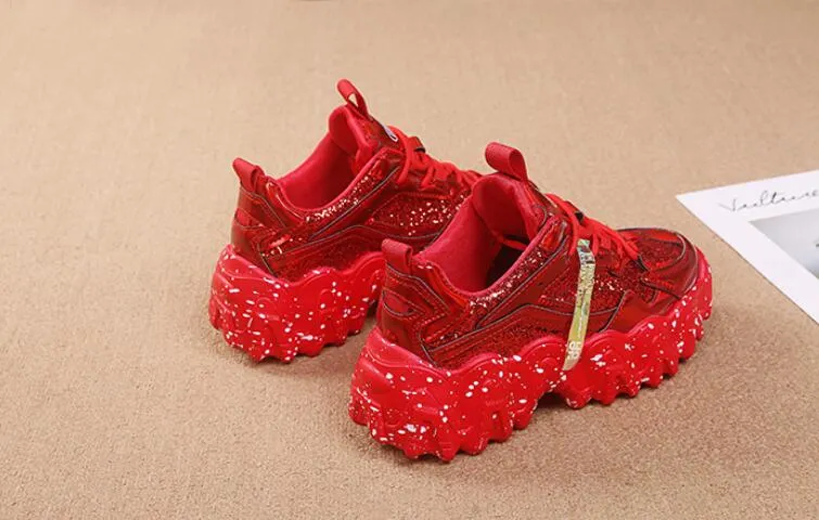 Fashion Women Shoes Dad Chunky Sneakers Women Luxury Comfortable Glossy Thick Sole Ladies Platform Wave Bottom Trainers Female