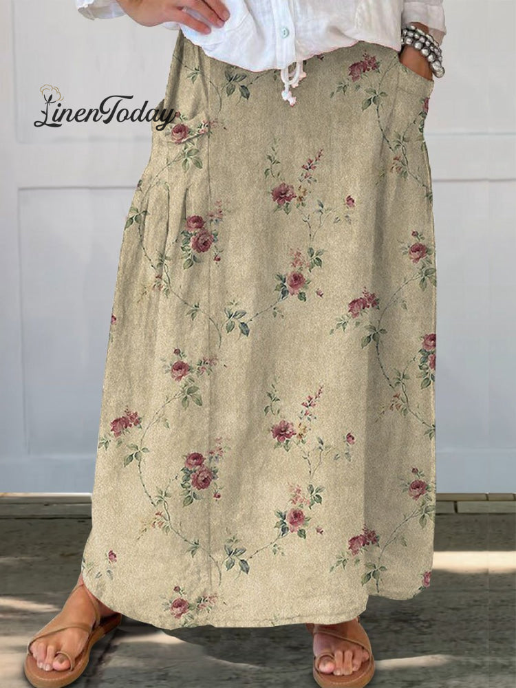 Women&rsquo;s Floral Print Linen Pocket Skirt Multicolor / S