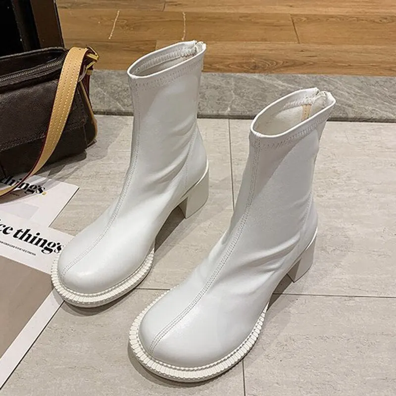 Lucyever Vintage Big Toe Chunky Heels Boots Women Pu Leather Platform Ankle Boots Ladies Elastic Zipper Autumn Winter Booties