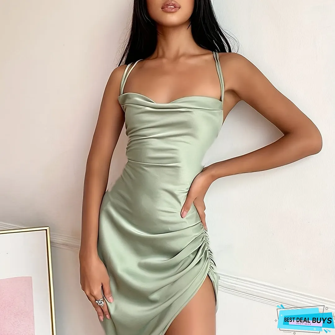 Backless Halter Neck Ruched Dress, Sexy Solid Sleeveless Asymmetric Hem Party Dress, Women's Clothing